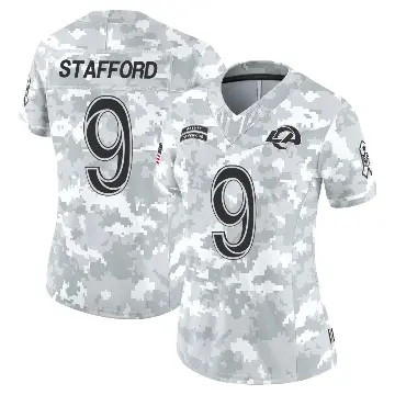＃9 Women's Matthew Stafford Arctic Camo Limited Los Angeles Rams 2024 Salute to Service Jersey